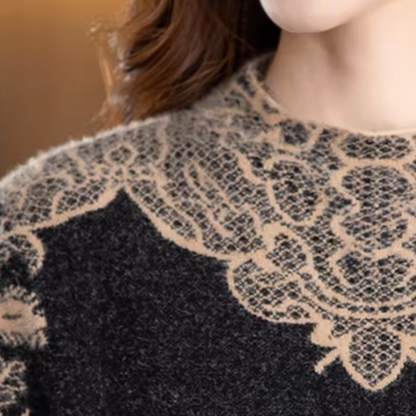 Damklänning Stickad - Avslappnad Passform - Knälång - Rund Hals - Blommigt Mönster