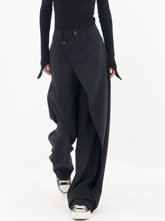 Damlångbyxor - Hög Midja - Asymmetrisk Omlottdesign - Vida Ben - Elegant & Stilren