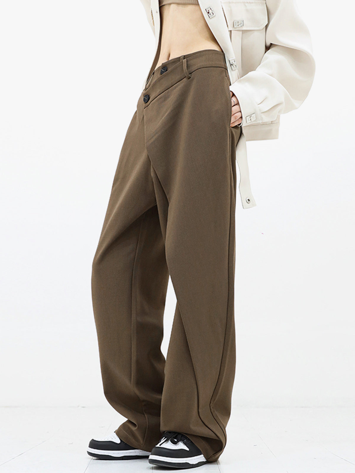 Damlångbyxor - Hög Midja - Asymmetrisk Omlottdesign - Vida Ben - Elegant & Stilren