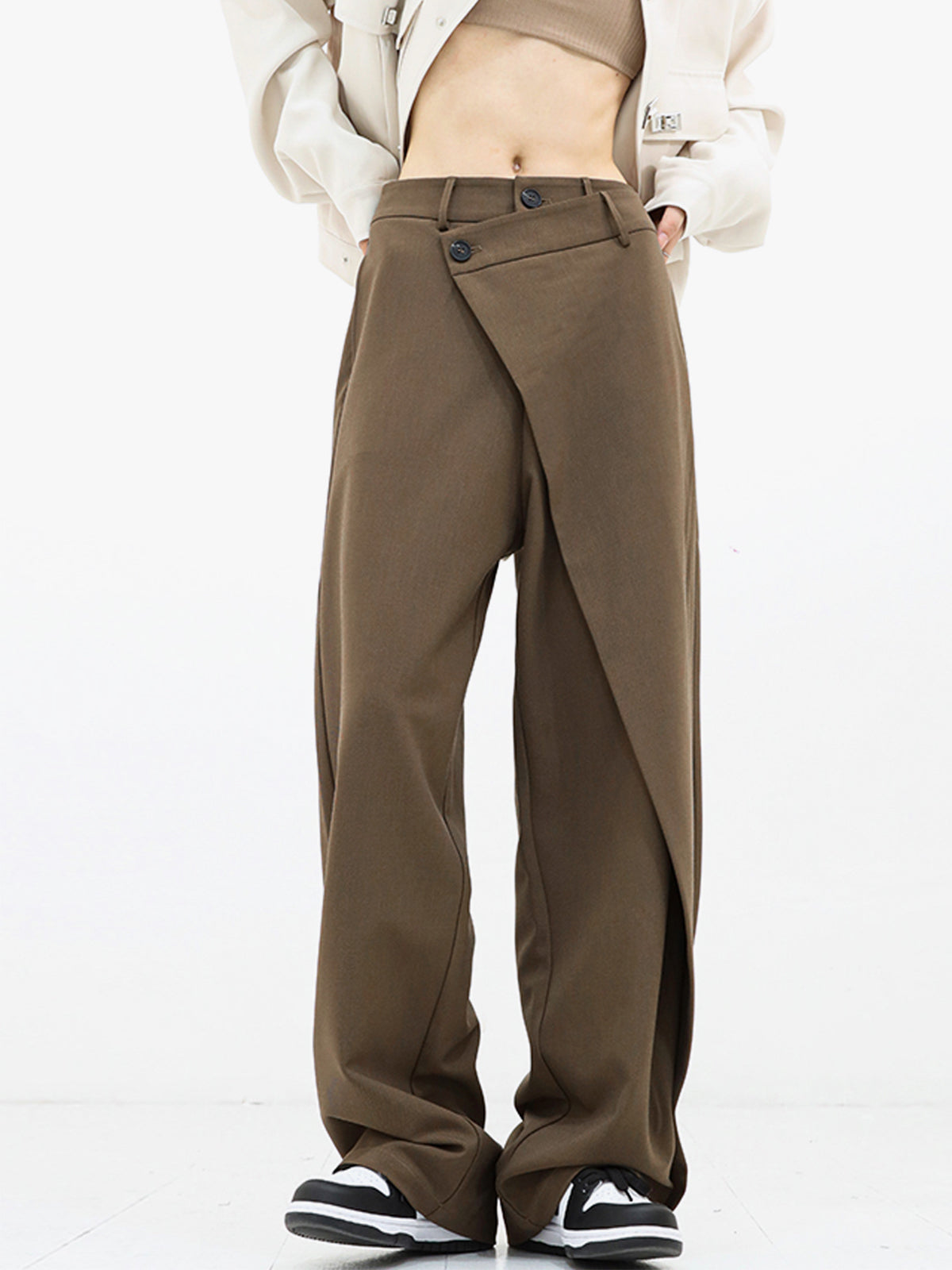 Damlångbyxor - Hög Midja - Asymmetrisk Omlottdesign - Vida Ben - Elegant & Stilren