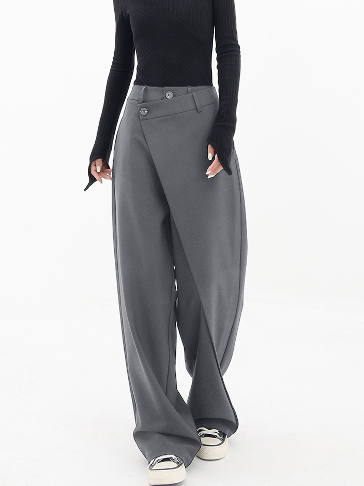 Damlångbyxor - Hög Midja - Asymmetrisk Omlottdesign - Vida Ben - Elegant & Stilren