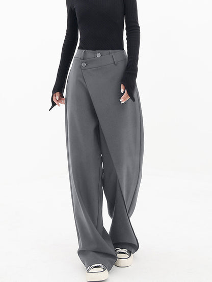 Damlångbyxor - Hög Midja - Asymmetrisk Omlottdesign - Vida Ben - Elegant & Stilren