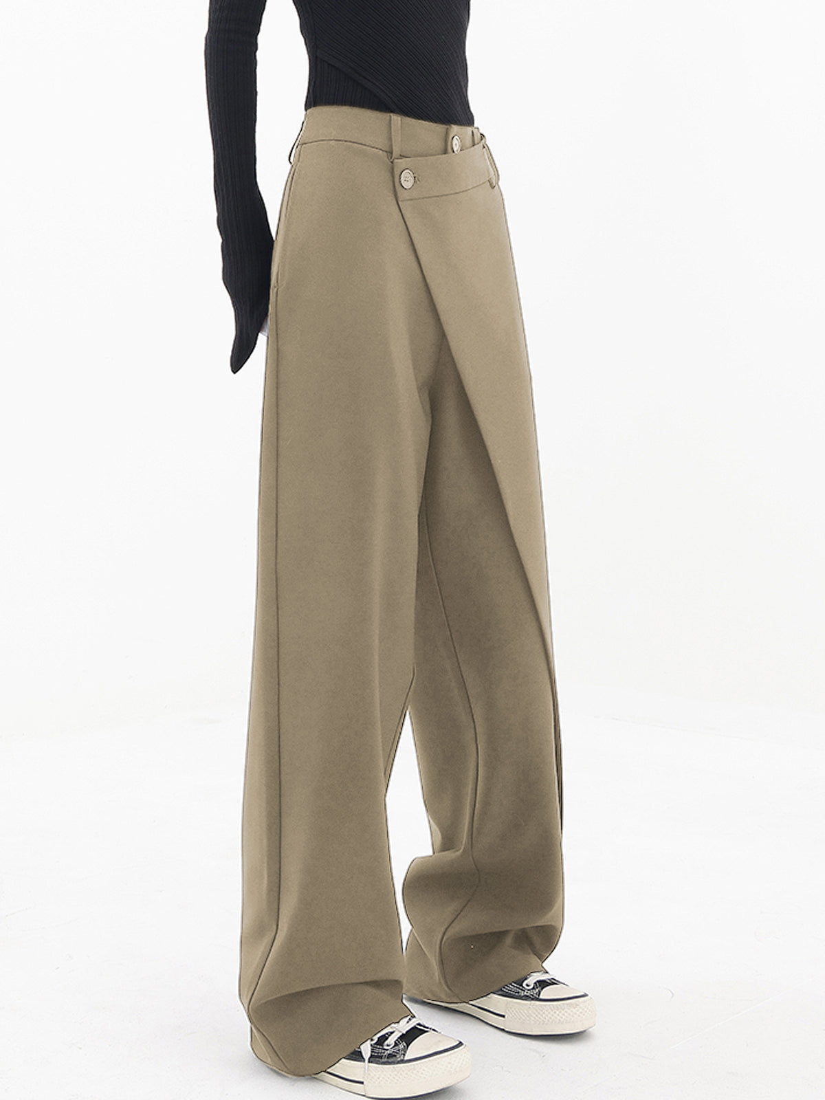 Damlångbyxor - Hög Midja - Asymmetrisk Omlottdesign - Vida Ben - Elegant & Stilren