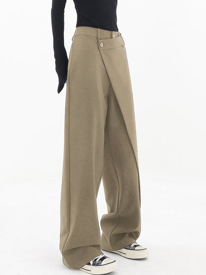 Damlångbyxor - Hög Midja - Asymmetrisk Omlottdesign - Vida Ben - Elegant & Stilren