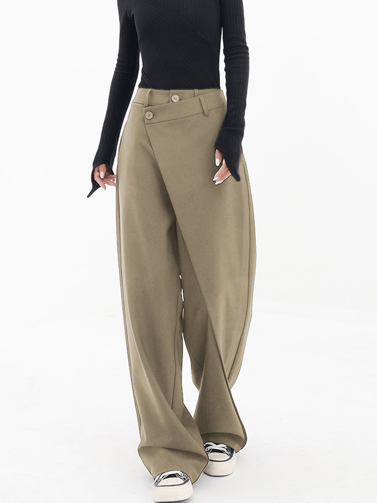 Damlångbyxor - Hög Midja - Asymmetrisk Omlottdesign - Vida Ben - Elegant & Stilren