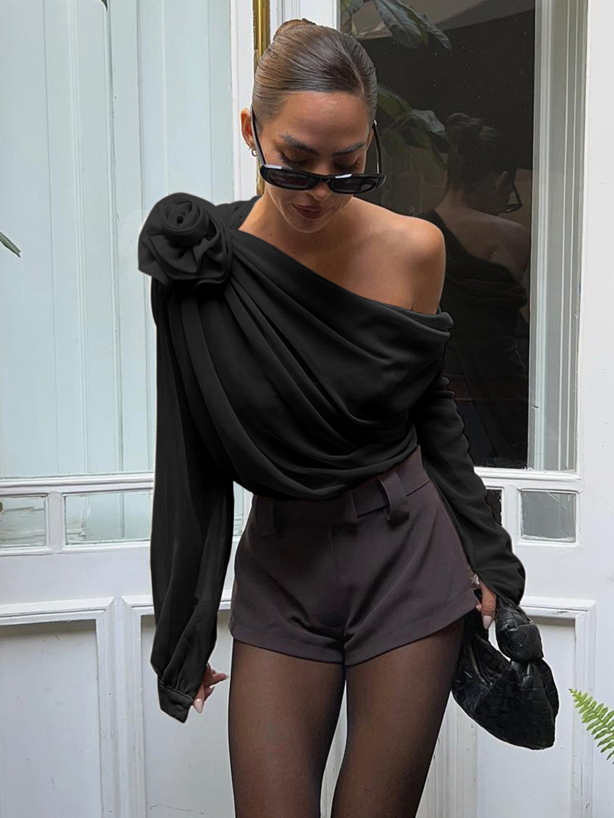 Dam Blus - Asymmetrisk Design - Enaxlad - Långärmad Elegant Festtop