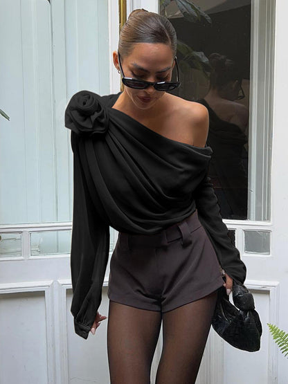 Dam Blus - Asymmetrisk Design - Enaxlad - Långärmad Elegant Festtop