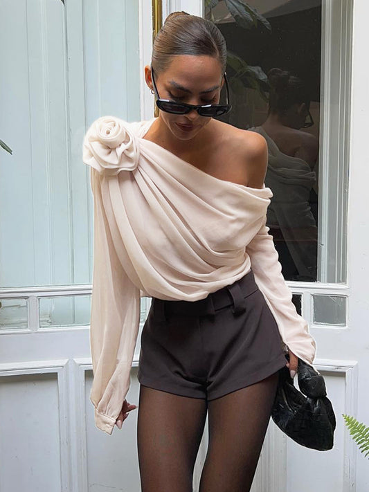 Dam Blus - Asymmetrisk Design - Enaxlad - Långärmad Elegant Festtop