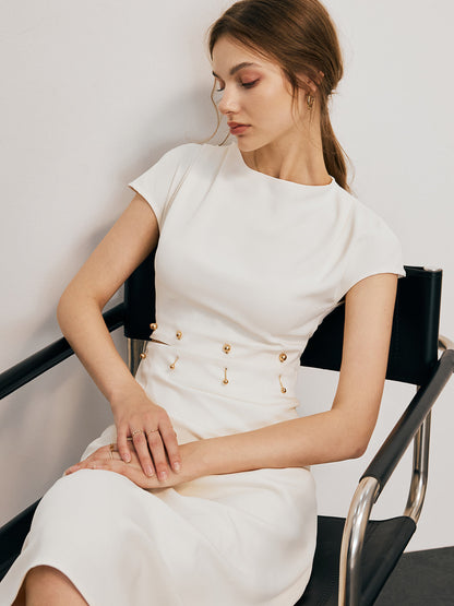 Damklänning - Bodycon Midi - Rund Hals - Capärm - Dekorativa Detaljer