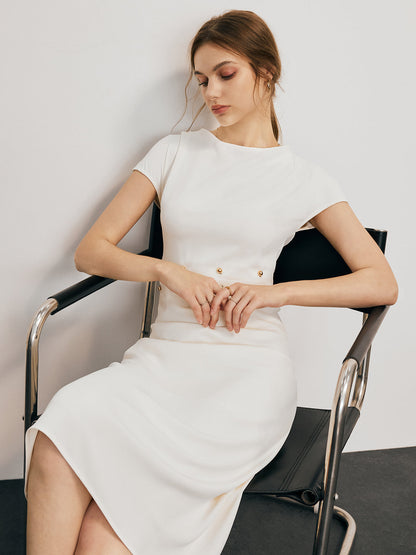 Damklänning - Bodycon Midi - Rund Hals - Capärm - Dekorativa Detaljer