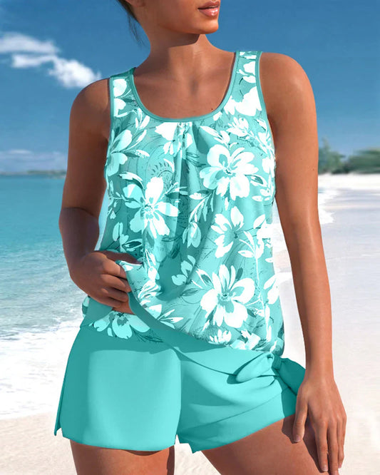 Dam Tankini Set – Avslappnad Passform – Fladdrigt Linne – Andningsbart Tyg – Mellanlånga Shorts