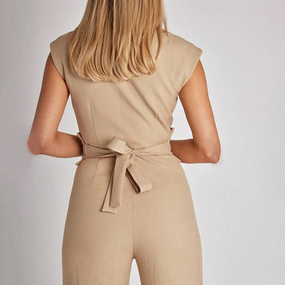 Dam Jumpsuit - V-ringning - Knytband i midjan - Vida ben - Elegant och stilren
