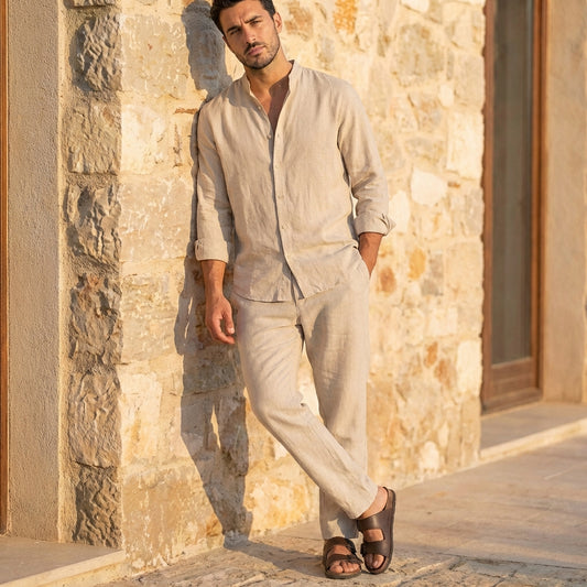 Men’s Relaxed Fit Linen Lounge Set with Long Sleeve Shirt