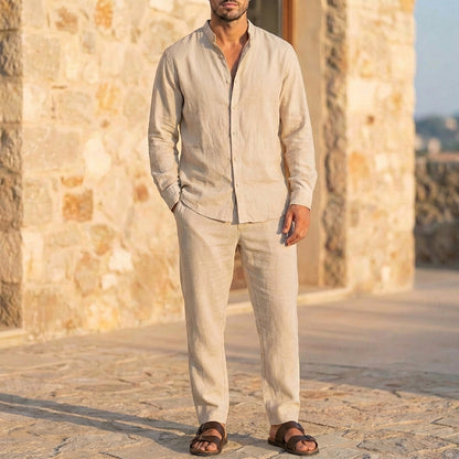 Men’s Relaxed Fit Linen Lounge Set with Long Sleeve Shirt
