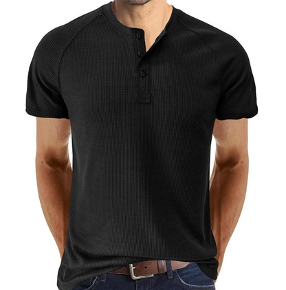 Herr Henley T-shirt - Vaffelstickad - Kort ärm - Bekväm Raglanpassform
