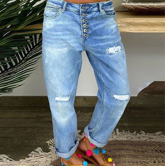 Damjeans - Hög Midja - Knappgylf - Lös Passform - Distressed med Upprullade Benslut