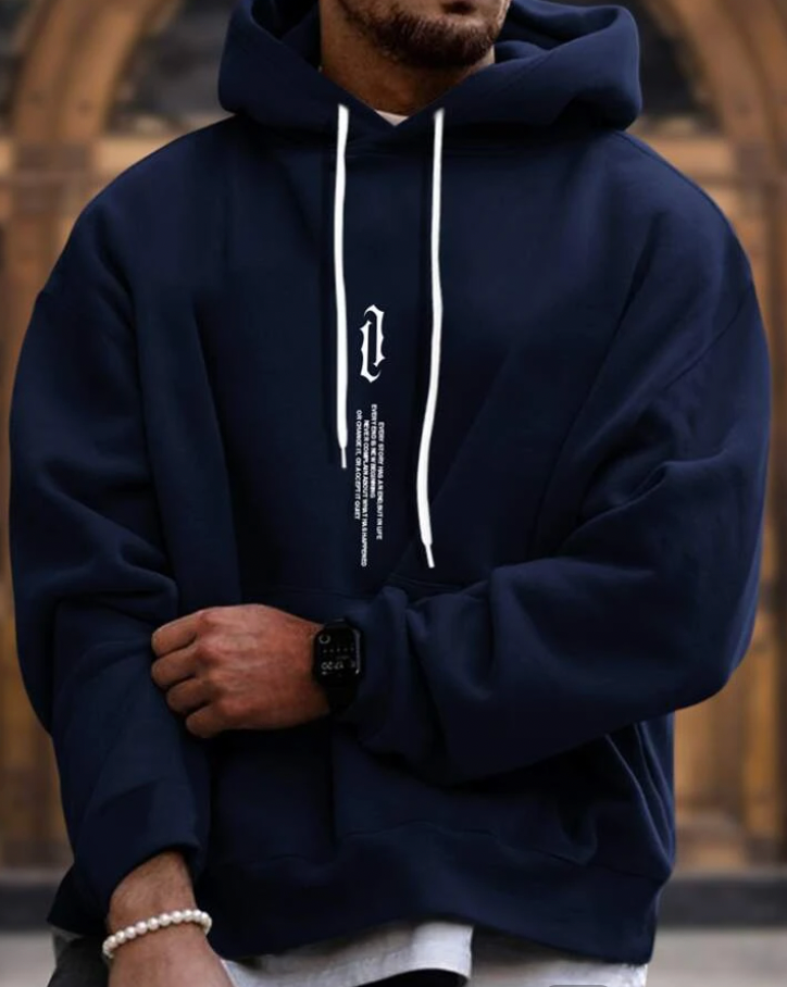 Herr Hoodie – Oversize Passform – Bomullsblandning – Känguruficka – Tryckt Design