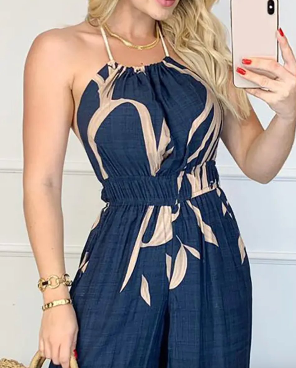 Dam Jumpsuit - Halterneck - Ärmlös - Elastisk Midja - Vida Ben - Blommigt Mönster