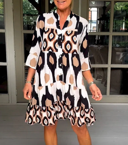 Damklänning - A-linjeformad Passform - 3/4-Ärmar - Knälång - Rund Hals