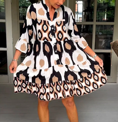 Damklänning - A-linjeformad Passform - 3/4-Ärmar - Knälång - Rund Hals