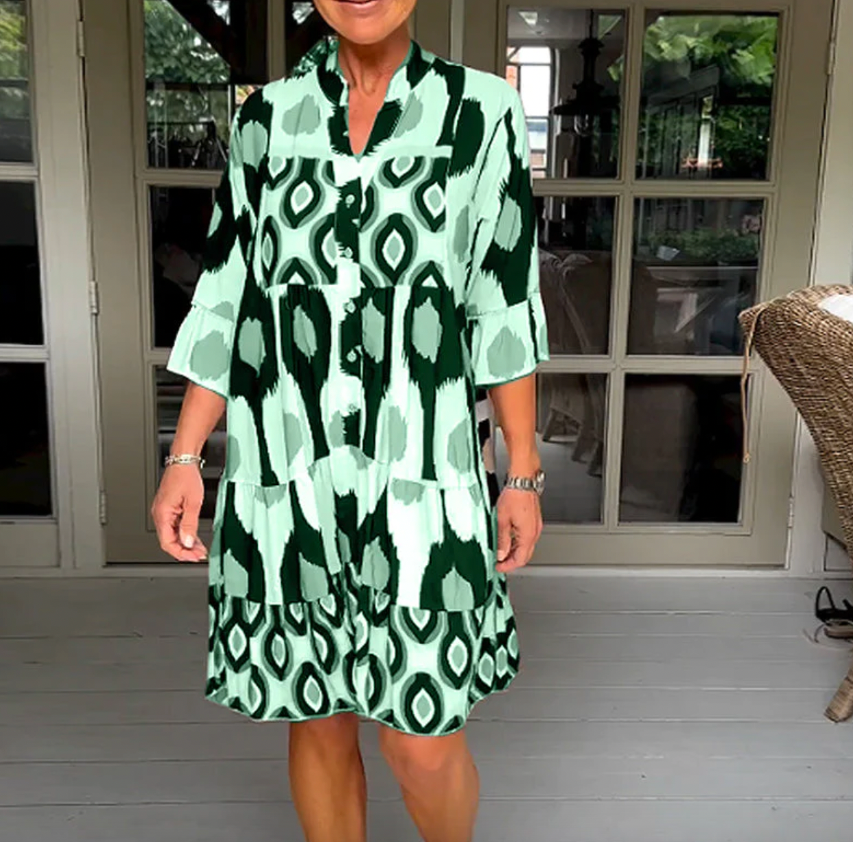 Damklänning - A-linjeformad Passform - 3/4-Ärmar - Knälång - Rund Hals