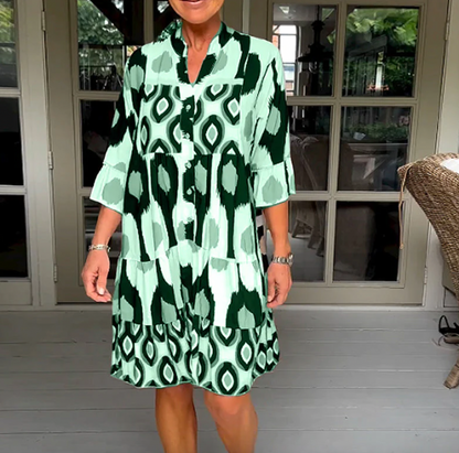 Damklänning - A-linjeformad Passform - 3/4-Ärmar - Knälång - Rund Hals