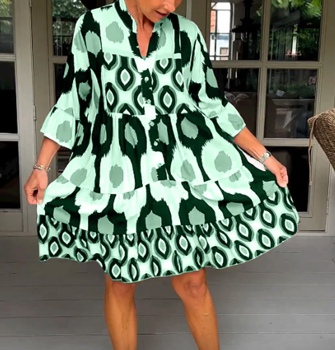 Damklänning - A-linjeformad Passform - 3/4-Ärmar - Knälång - Rund Hals