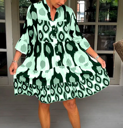 Damklänning - A-linjeformad Passform - 3/4-Ärmar - Knälång - Rund Hals