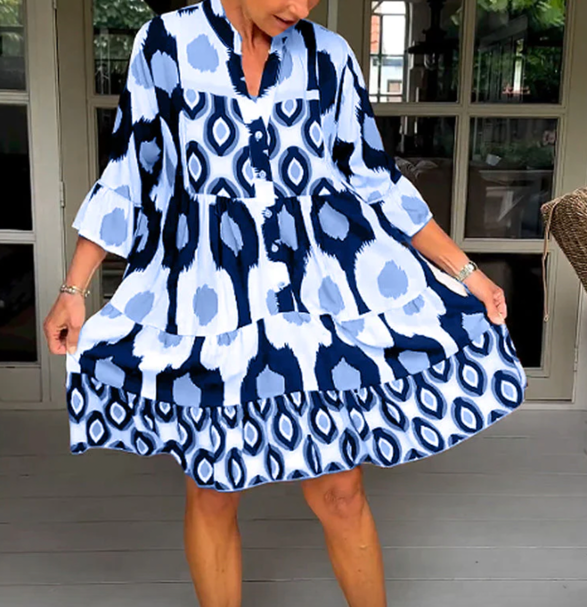 Damklänning - A-linjeformad Passform - 3/4-Ärmar - Knälång - Rund Hals