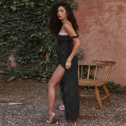 Damklänning - Asymmetrisk Maxiklänning med Volanger - Fyrkantig Halsringning - Axelband