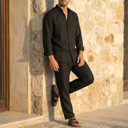 Men’s Relaxed Fit Linen Lounge Set with Long Sleeve Shirt