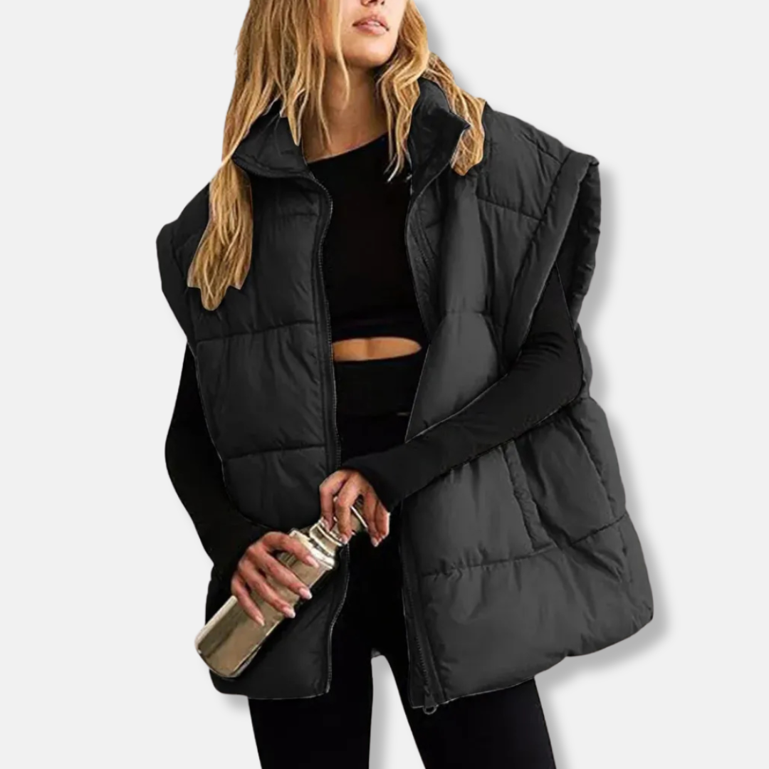 Damväst – Quiltad och Vadderad – Avslappnad Passform – Hög Krage – Höftlång