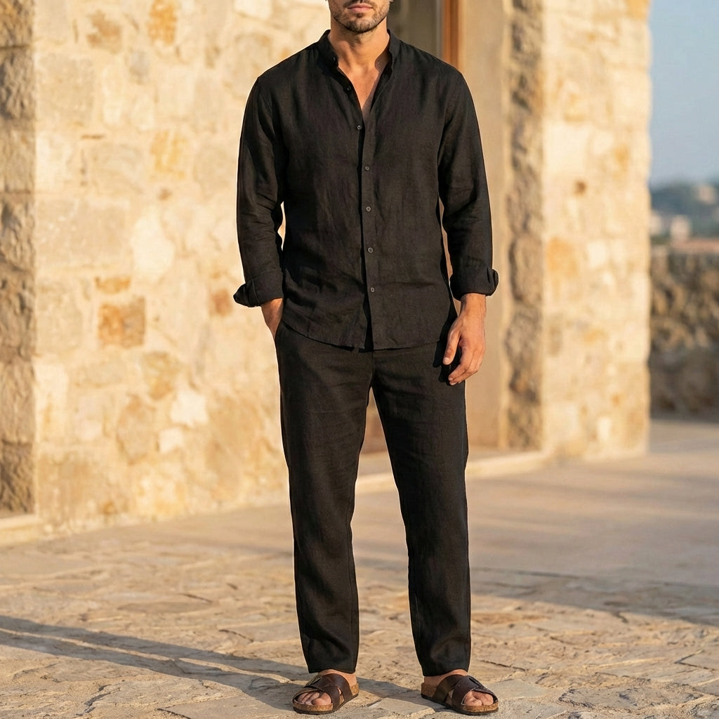 Men’s Relaxed Fit Linen Lounge Set with Long Sleeve Shirt