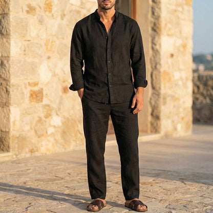 Men’s Relaxed Fit Linen Lounge Set with Long Sleeve Shirt