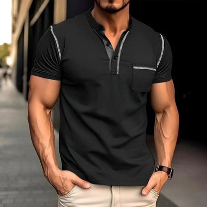 Herr Henley-tröja – Kort ärm – Knappslå med tre knappar – Bröstficka – Slim Fit