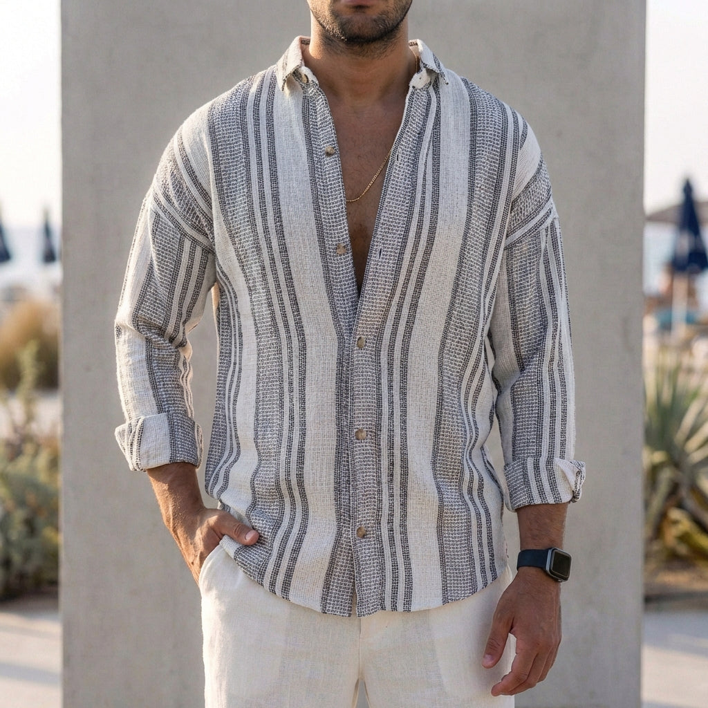 Men’s Lightweight Striped Linen Shirt with Relaxed Button-Up Fit