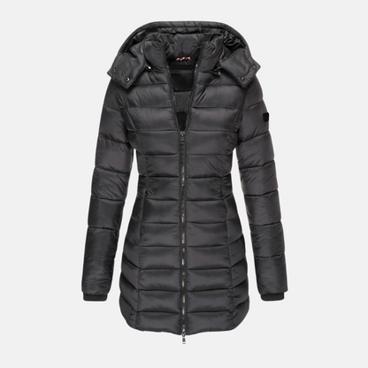 Dam Pufferjacka – Slim Fit – Quiltad – Mellanlång – Huva – Muddade Ärmslut