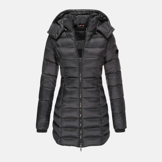 Dam Pufferjacka – Slim Fit – Quiltad – Mellanlång – Huva – Muddade Ärmslut