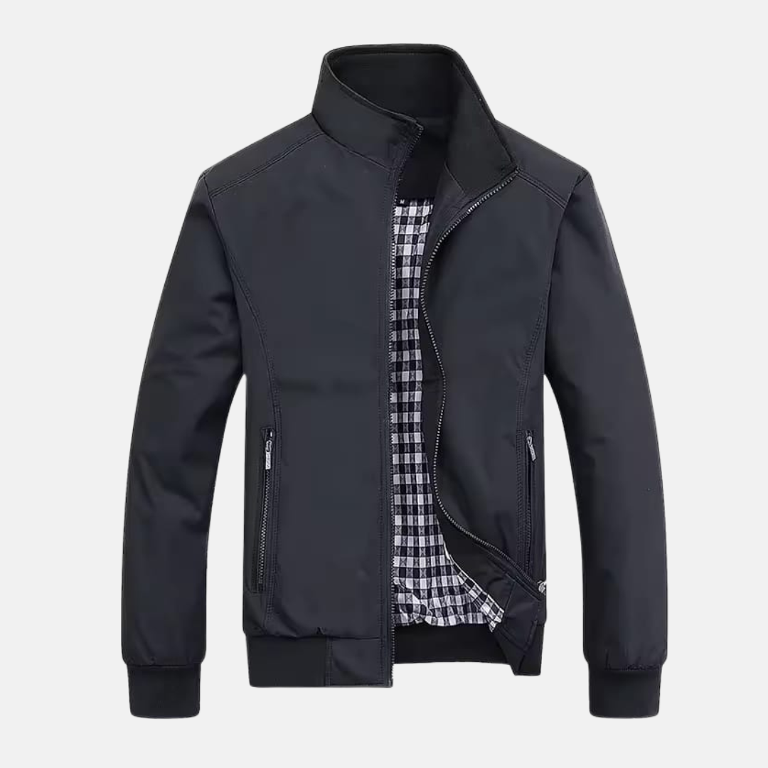 Herr Bomberjacka – Normal Passform – Ribbad Krage och Fåll – Hel Dragkedja – Fickor med Dragkedja