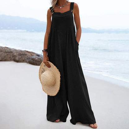 Dam Jumpsuit - Vid Passform - Ärm lös - Lång Byxa med Fickor - Casual