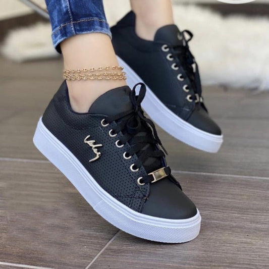 Dam Sneakers - Lågt Skaft - Skinnlook - Snörning - Bekväma för Vardag