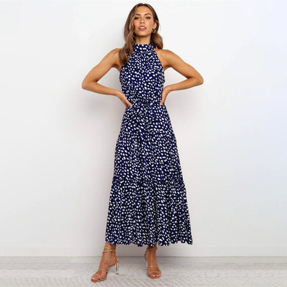 Dam Klänning - Halterneck Polka Dot - Figursydd Midja - Flödande Midi Modell