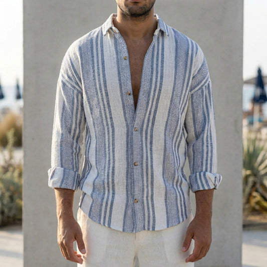 Men’s Lightweight Striped Linen Shirt with Relaxed Button-Up Fit