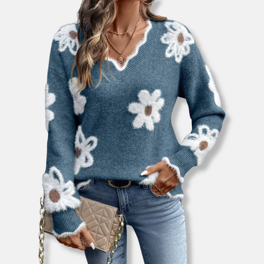 Dam Sweatshirt – Avslappnad Passform – Blommigt Jacquardmönster – Ribbade Muddar