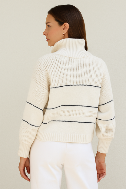 Damtröja i stickat tyg – Avslappnad passform – Ullkänsla – Krage med knappar – Ribbad kant – Randigt mönster