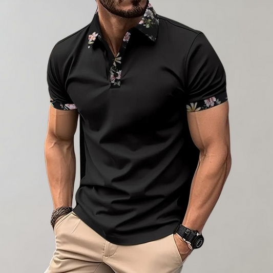Herr Pikétröja – Slim Fit – Andningsbart Tyg – Blommigt Krag- och Ärm Detalj – Kort Ärm