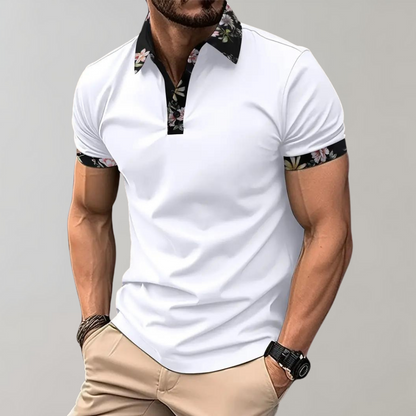 Herr Pikétröja – Slim Fit – Andningsbart Tyg – Blommigt Krag- och Ärm Detalj – Kort Ärm