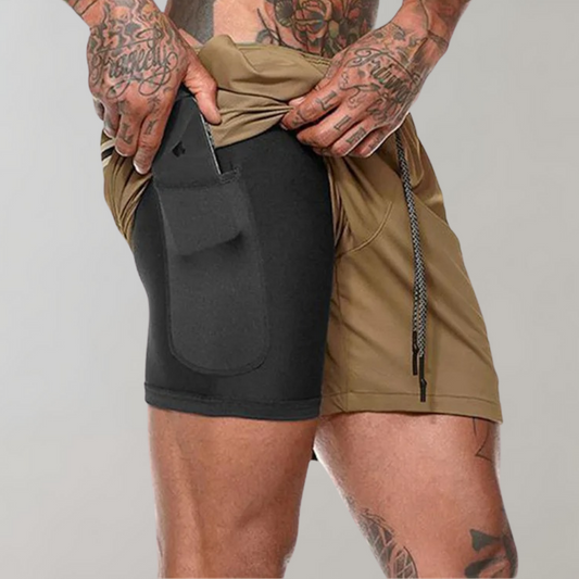 Herr träningsshorts – Slim Fit – 2-i-1 design – Andningsbart stretchtyg – Innerficka