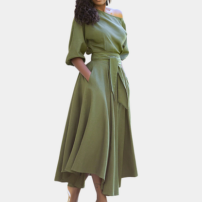 Dam Midi Klänning - Off-Shoulder - Markerad Midja med Knytbälte - Ärm till Armbåge - Med Fickor
