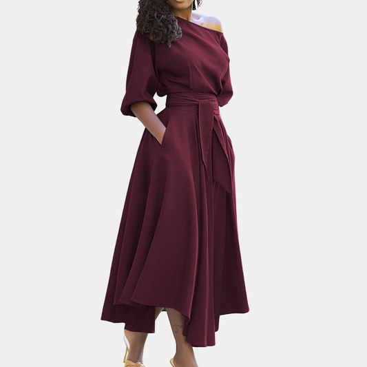 Dam Midi Klänning - Off-Shoulder - Markerad Midja med Knytbälte - Ärm till Armbåge - Med Fickor